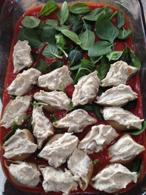Rinotta Shells in a bed of sauce and greens